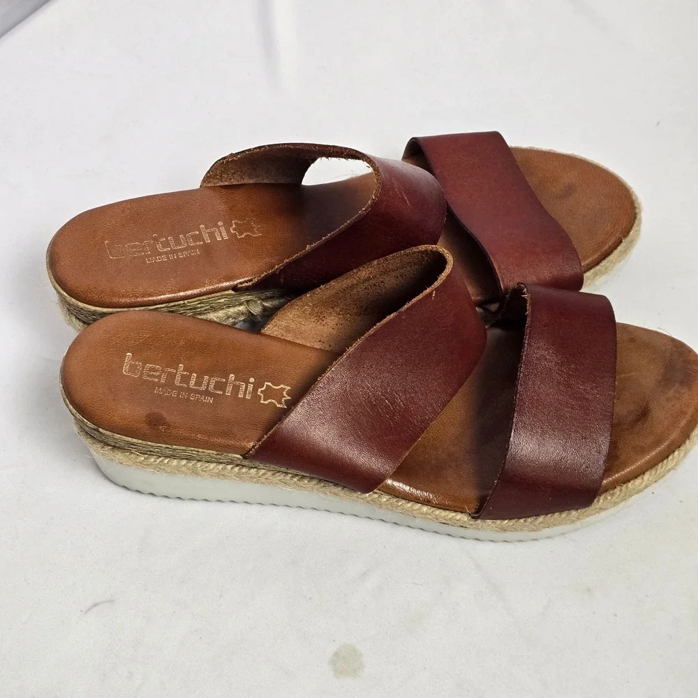 Bertuchi Spain Leather Espadrille Platform Sandals Brown Burgundy Wedge Women 41